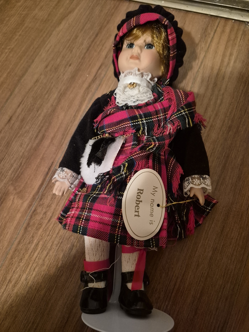 Robert Porcelain Doll in Pink Plaid Outfit